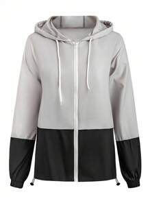 EMERY ROSE Plus Size Women Woven Regular Spring Autumn Casual Sports Contrast Color Hooded Jacket Fall Winter Cloth For Women - Multicolor - View 3