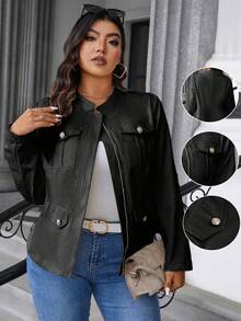 Elenzga 大码女式纯色长袖实用口袋拉链休闲夹克 - 黑色 - 查看 1