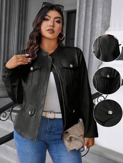 Elenzga Halloween Plus Size Women's Solid Color Long Sleeve Utility Pocket Zip Closure Casual Jacket Fall Winter Cloth For Women Autumn