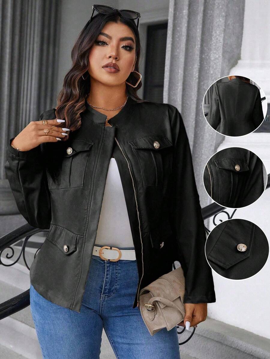 Elenzga 大码女式纯色长袖实用口袋拉链休闲夹克 - 黑色 - 查看 1