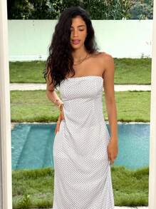 Ria Solene Summer Elegant Polka Dot Print Strapless Dress Summer Dress - Apricot - View 5