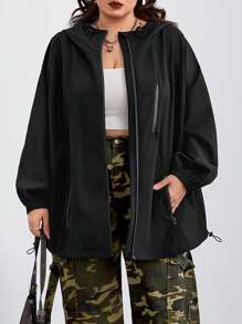 SHEIN CURVE+ Curves 大码/学校服装/返校服装/返校女士大码落肩抽绳拉链连帽夹克，女士秋装、冬季、CURVE PLUS - 黑色 - 查看 2