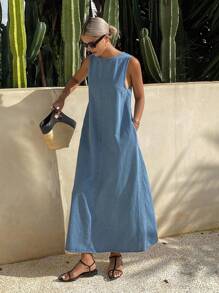 Livesso Women's Round Neck Sleeveless Loose Casual Denim Dress Summer Women Dresses Sundress
