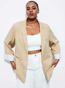 Maija 大码女式条纹长袖拼布翻领西装外套，优雅时尚性感，适合音乐节和日常外出。搭配无袖背心和条纹裤，适合商务通勤、办公室穿着，复古风格，适合女士商务休闲装、教师装、女士工作服、秋冬婚礼宾客礼服。 - 黃色 - 查看 3