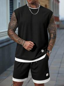 Manfinity Homme Men's Contrast Color Patchwork Round Neck Top And Shorts Casual Set, Holiday - Black - View 6