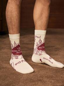 HARRY POTTER X SHEIN 4 Paar weiche und atmungsaktive, feuchtigkeitsableitende Lässig Herren Crew Socken mit modischen schwarz-weißen Crew Socken, verstärkte Zehenpartie und Ferse für Haltbarkeit, Unisex für Herren und Damen, Ganzjahresmodell, alles passend