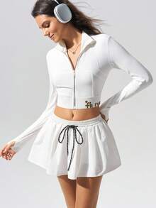 Fluxe Casual Letter Print Zipper Fitted Cropped Top