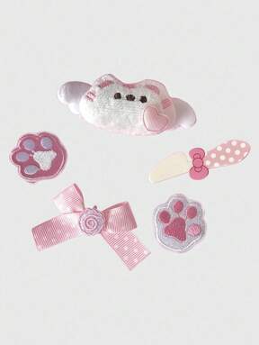 Kawaii 5pcs Pink & White Kawaii Cute Kitty Angel Wings, Y2K Simple Striped Retro Polka Dot Embroidered Cat Claw Paw Hair Clips, Anime Hair Accessories Set, Great For Gifts