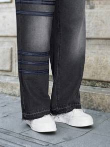 Manfinity Homme American Style High Street Webbed Decoration Straight Leg Jeans For Men, Vintage Grey Baggy Jeans - Black - View 4