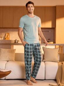 Men's Solid Color Short Sleeve T-Shirt And Plaid Pants Homewear Set