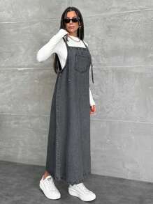 EURMUSE WOMEN LONG DENIM DRESS POCKET DETAILED - Light Grey - View 3