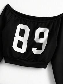 Teen Girl Number Print Off-Shoulder Long Sleeve Sweatshirt And Sweatpants Casual Suit - Black - View 3