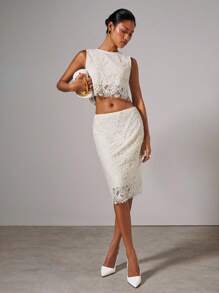 COSMINA 四季两件套女士优雅无袖蕾丝上衣和裙子，女士休闲套装，生日装，婚礼宾客礼服，外出装 - 白色 - 查看 3
