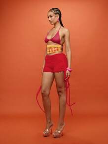 Quần short cạp cao móc tua rua, cạp chun có họa tiết, quần short đi biển mùa hè - Đỏ - Xem 3