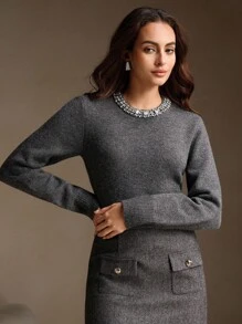 Jersey tejido de mezcla de lana elegante unicolor con vellón y cuello de cristales de Anewsta, apto para otoño/invierno - Gris Oscuro - Ver 5