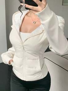 DAZY Women Padded Coat With Hood, Contrasting Sleeves, Fitted Waist, Elegant Urban Casual Outerwear Jacket - White - View 7
