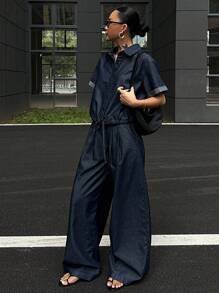 DAZY Bộ 2 quần ống rộng ống rộng cổ bẻ denim thường ngày cho nữ, trang phục mùa hè - Rửa tối - Xem 4