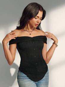 Almamuse 女士休闲纯色性感修身露肩上衣 - 黑色 - 查看 7