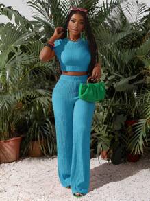 Slaydiva New Casual Basic Sports Style Spring And Summer Round Neck Short-Sleeved Truncated T-Shirt + Wide-Leg Super Long Pants Rose Red Striped Texture Knitted Fabric Women's Two Pieces Set-I