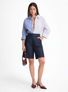 Daynim Women's Casual Commuter Bermuda Denim Shorts Loose Wide Leg - Dark Wash - View 3
