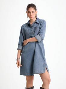 女式纽扣前襟半开襟长袖口袋宽松休闲牛仔连衣裙 - 淺色水洗藍 - 查看 5