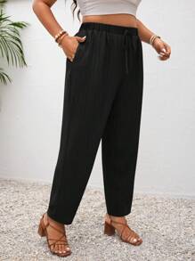 SHEIN PETITE CURVE Tapered Black Plain Plus Size Pants In Woven Fabric For Everyday Comfort Elastic Waist Pants Textured Pants,Fall Clothes For Women