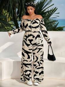 SHEIN EZwear Combinaison décontracté à épaules dénudées et volants imprimée tie-dye, grande taille - Noir et Blanc - Voir 4