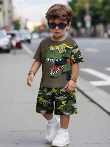 SHEIN 2pcs/Set Young Boy Casual Cartoon Dinosaur Print Round Neck Short Sleeve T-Shirt And Shorts Set, Summer