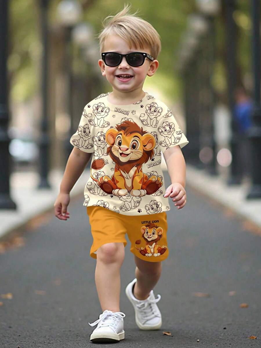 SHEIN 2pcs/Set Young Boy Casual Simple Cartoon Lion Print Round Neck Short Sleeve T-Shirt & Shorts, Suitable For Summer - Multicolor - View 1