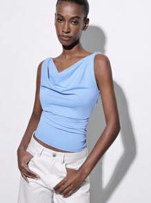 Maija 蓝色垂坠领扭结无袖女式优雅秋冬背心，简约设计，百搭亲肤，适合度假和外出 - 淺藍色 - 查看 7