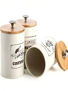 3pcs Bamboo Lid Sealed Coffee Sugar Tea Storage Jar Set 3-Piece Creative Sealed Moisture-Proof Kitchen Sealed Jar Back To School - Multicolor - View 6