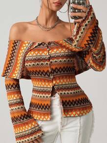 SHEIN ICON 波西米亚风复古乡村外出休闲复古拼色露肩喇叭袖T恤，秋季上衣 - 彩色 - 查看 3