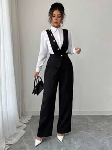 Elenzga Women's Casual Black Wide Leg Jumpsuit - Black - View 3