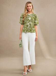 Amorya 女士前系带泡泡袖可爱刺绣度假优雅衬衫，适合情人节、返校季、女教师等场合穿着。 - 綠色 - 查看 3