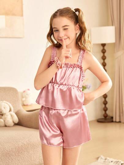 青少年女孩纯色荷叶边吊带背心和短裤睡衣套装