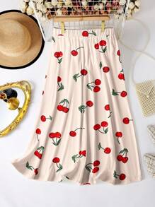 SHEIN Clasi Falda holgada con estampado de cerezas en corte evasé para mujer de talla grande - Multicolor - Ver 3
