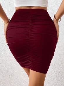 SHEIN Unity Chân váy ngắn ôm sát eo cao xếp ly màu trơn dành cho nữ, màu đỏ tía. - Màu Đỏ Sâu - Xem 2