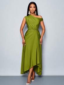 Vestido largo de punto elástico morado cómodo con detalles recogidos, cuello asimétrico y bajo asimétrico con abertura, para fiesta y ocasiones elegantes en primavera y verano - Verde - Ver 3