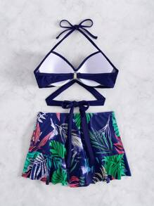 SHEIN Swim 隨機印花墊高式坦克比基尼泳衣，附鋼圈與開口下擺，適合夏季海灘度假 - 藏蓝色 - 查看 2
