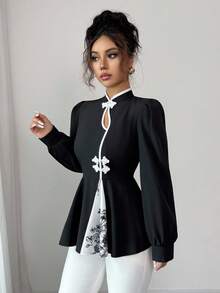 Elenzga 中国风镂空领拼色拼接纽扣装饰碎花面料A字收腰优雅休闲通勤百搭长袖上衣，初秋 - 黑色 - 查看 3