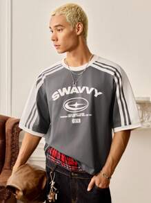 SWAVVY 男士夏季休闲宽松撞色印花翻边短袖T恤 - 灰色 - 查看 7