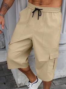 Manfinity Homme 大码男士纯色抽绳腰休闲工装七分裤 - 卡其色 - 查看 5