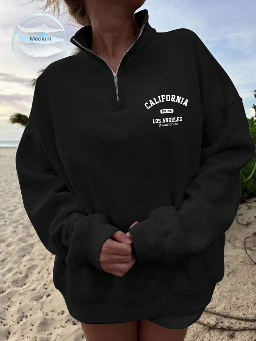 SHEIN EZwear 加大码宽松黑色印花半拉链高领卫衣，适合秋冬季穿着 - 黑色 - 查看 1