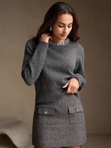 Jersey tejido de mezcla de lana elegante unicolor con vellón y cuello de cristales de Anewsta, apto para otoño/invierno - Gris Oscuro - Ver 6