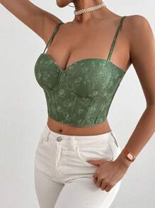 Zolique 夏季假日花卉印花蕾丝紧身胸衣鱼骨结构修身吊带背心图案 T 恤女式上衣 - 綠色 - 查看 5