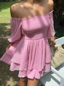 Sunnyshic 女士夏季纯色纹理泡泡袖露肩束腰连衣裙 - 粉色 - 查看 7