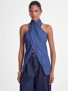 Daynim 女式露背吊带短款牛仔上衣，露背上衣 - 淺色水洗藍 - 查看 2