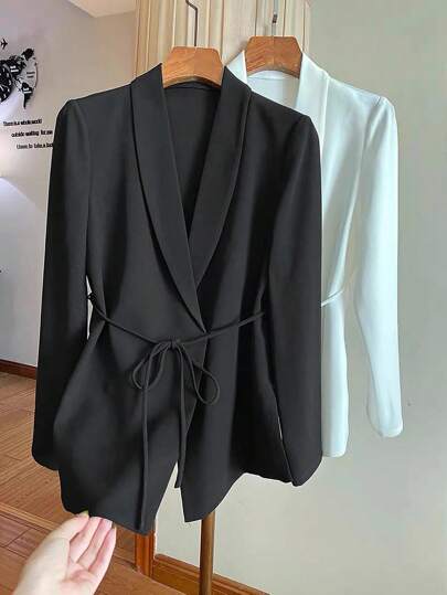 GlowEve Solid Color Shawl Neck Belted Elegant Women's Lightweight Blazer Fall Cloth For Women