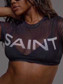 MUSERA 网眼标语上衣印花T恤 冬季派对 春夏 - 黑色 - 查看 6