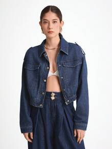 Daynim Women's Casual Long Sleeve Denim Short Jacket Loose Wide Leg Autumn